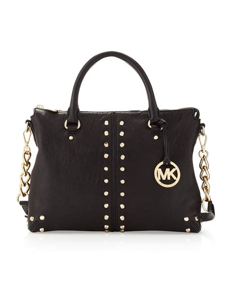 black michael kors purse with gold studs|Michael Kors black shiny purse.